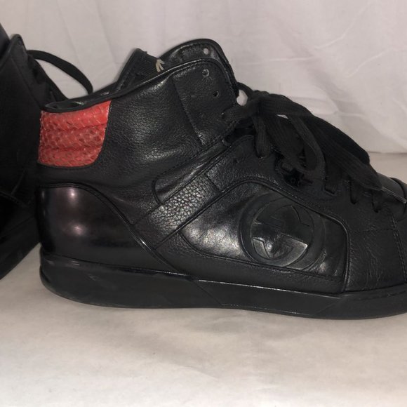 Gucci Size: 12 G Gucci MEN Black Leather with CC Logo High Top Lace up Sneakers - Picture 1 of 14